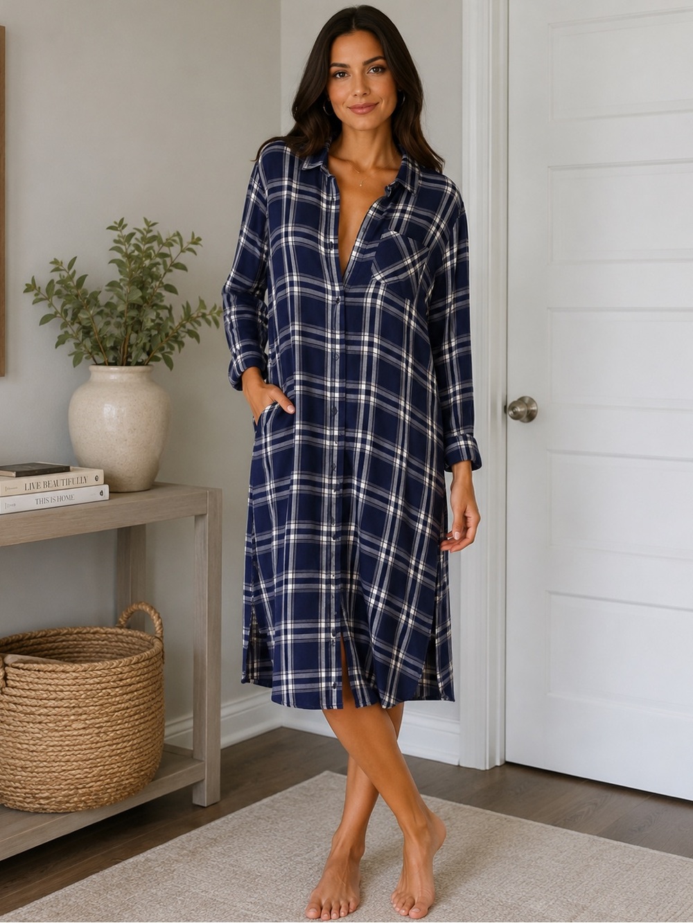 FREE PRESS BLUE PLAID LONG SLEEVE BUTTON DOWN DUSTER OR DRESS SHIRT SZ MED
